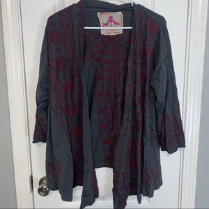 Johnny Was Los Angeles Open Front Gray Cardigan With Maroon Embroidery size s